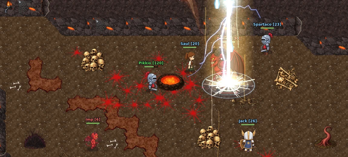 Four players strike a Demon with lightning, meteor and judgement in the hell caves of Gravhold — rendered by the game